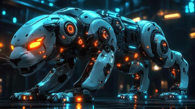 Futuristic robotic panther prowls in a dark, urban setting photo