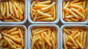 Golden, crispy french fries in small containers photo