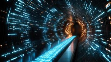 Futuristic tunnel, glowing code photo