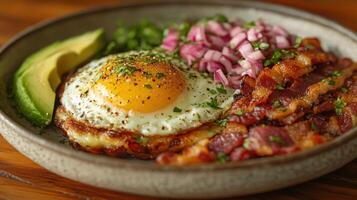 Hearty breakfast platter with fried egg, bacon, hash browns, avocado, and red onion photo