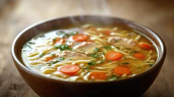 Hearty chicken noodle soup on the table photo