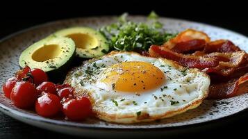 Hearty breakfast plate with fried egg, bacon, avocado, and cherry tomatoes photo