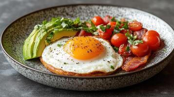 Healthy breakfast plate with fried egg, avocado, bacon, and cherry tomatoes photo
