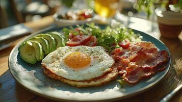 Healthy breakfast platter with fried egg, bacon, avocado, and salad photo