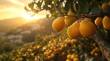 Golden pears on a tree at sunset photo