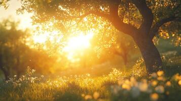 Golden hour orchard scene photo