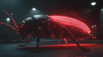 Gigantic glowing beetle in a dark city street photo