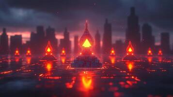 Futuristic temple illuminated by fiery lights in urban backdrop photo