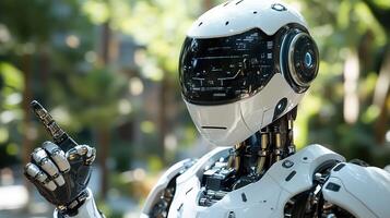 Futuristic robot pointing outdoors photo