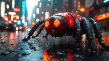 Futuristic robotic insect in a city at night photo
