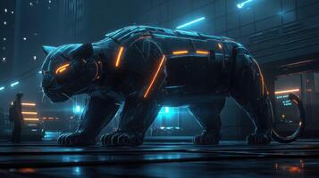 Futuristic panther robot in a neon-lit city photo