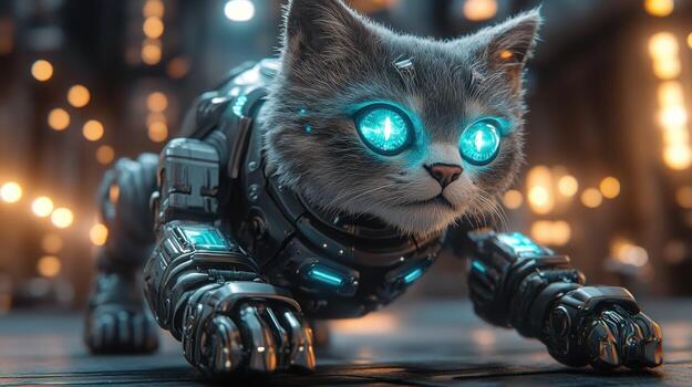 Futuristic robotic cat in a city setting photo