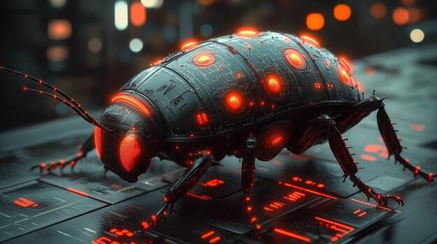 Futuristic robotic beetle on tech surface photo