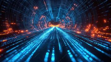 Futuristic digital tunnel with glowing lines photo
