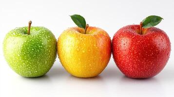 Fresh, vibrant apples in green, yellow, and red photo
