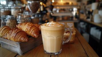 Freshly brewed latte with croissants photo