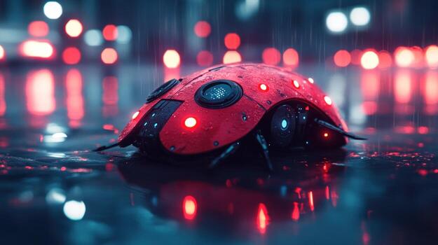 Futuristic ladybug robot in rain photo