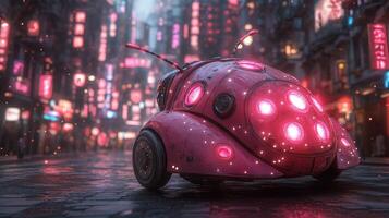 Futuristic ladybug car in a vibrant neon city photo