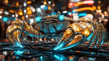 Futuristic crab robot in a city setting photo