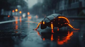 Futuristic insect robot in rainy city photo