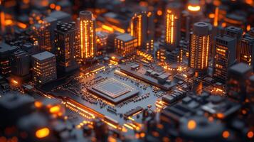Futuristic city built on circuit board photo