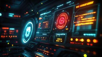 Futuristic cockpit dashboard with glowing displays photo
