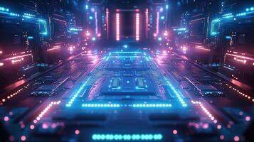 Futuristic, glowing circuit board tunnel photo