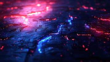 Futuristic circuit board with vibrant glowing lines photo