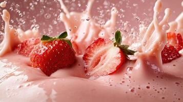 Fresh strawberry smoothie splash in milk photo