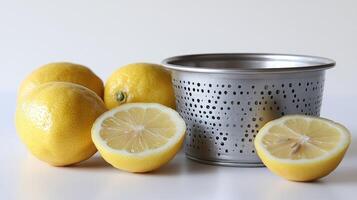 Fresh lemons and a metal strainer photo