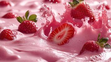 Fresh strawberries in a pink smoothie photo