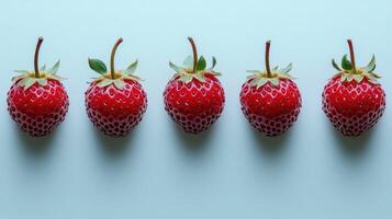 Fresh Strawberries in a Row blue background photo