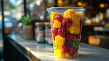 Fresh fruit salad in a clear plastic cup photo