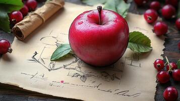 Fresh apple on antique paper with sketches photo