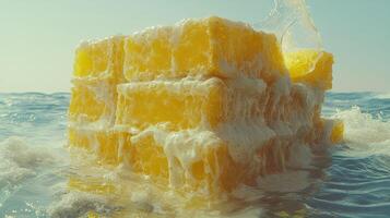 Floating blocks of yellow foam in water photo