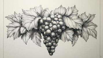 Detailed grayscale illustration of grapes and leaves photo