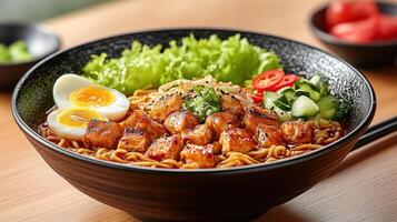 Delicious ramen bowl with grilled meat and egg photo