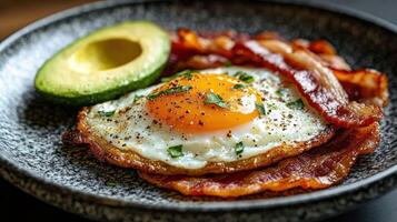 Delicious breakfast with fried egg, bacon, and avocado photo