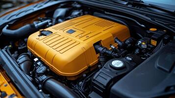 Engine bay, close-up view of a custom-painted orange engine cover photo