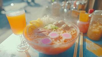 Delicious steaming ramen, a glass of drink, and vibrant accents photo