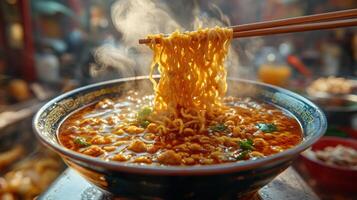 Delicious steaming noodles in a bowl photo
