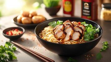 Delicious chicken ramen with noodles photo