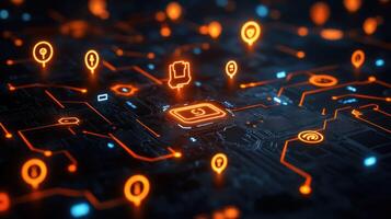 Digital circuit board with interconnected icons photo