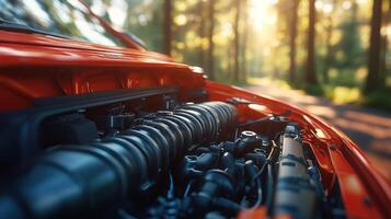 Engine compartment of a vibrant red car in a forest photo