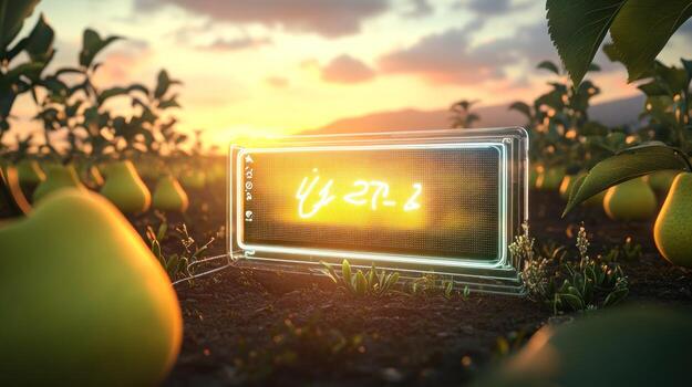 Digital display in orchard at sunset photo