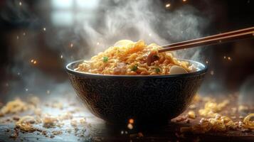 Delicious hot ramen steaming photo