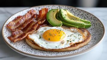 Delicious breakfast platter with bacon, avocado, and fried egg photo