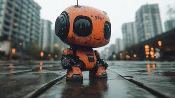 Cute rusty robot in urban setting photo