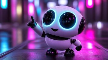 Cute robot pointing, futuristic city lights photo