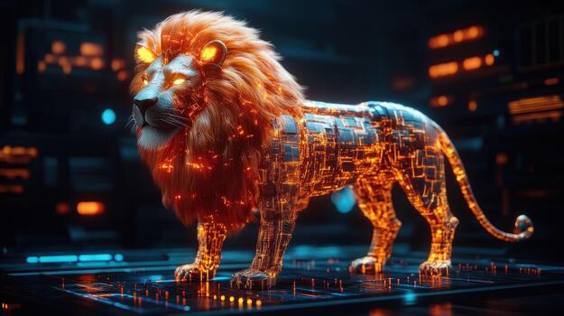 Cybernetic lion in futuristic setting photo